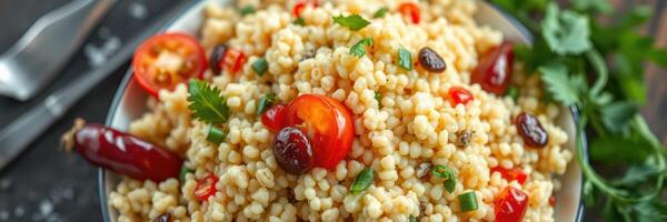 Delicious bowl of pearl couscous with cherry tomatoes and herbs served on a rustic table photo