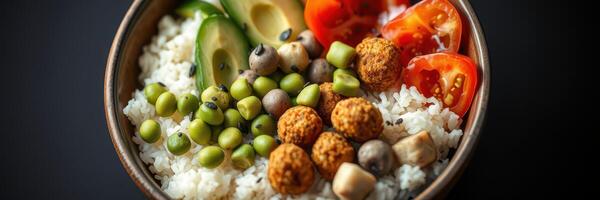 Delicious bowl of rice topped with fresh vegetables, crunchy snacks, and flavorful ingredients in a stylish setting photo