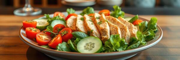 Grilled chicken salad with fresh vegetables served on a wooden table at a restaurant during lunchtime photo