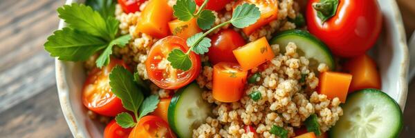 Fresh vegetable salad with quinoa and herbs in a rustic bowl on a wooden table photo