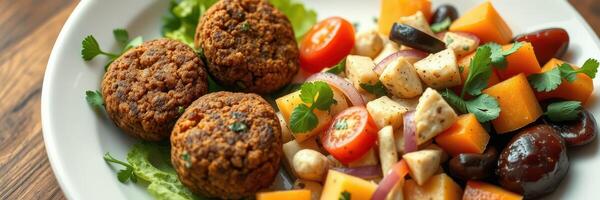 Healthy falafel platter with fresh salad served on a white plate at a cozy cafe setting photo