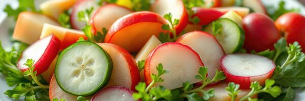 Fresh vegetable salad with radishes, cucumbers, and greens served on a white plate photo