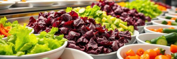 Fresh vegetables arranged in bowls at a vibrant salad bar during a busy lunchtime photo