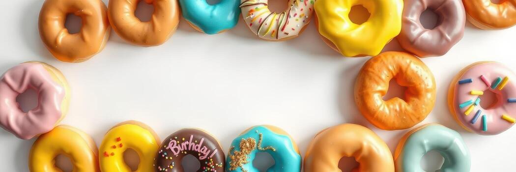 Colorful assorted donuts arranged in a circular pattern for a celebration or party setting photo