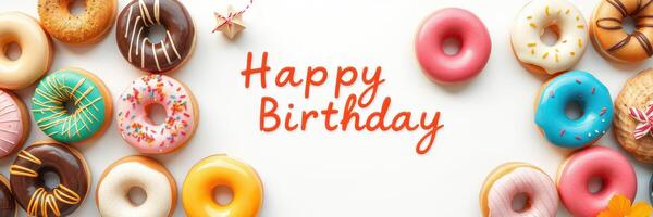 Colorful donuts arranged around a birthday greeting in a festive setting with cheerful decorations photo