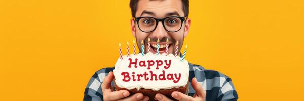 Celebration of a birthday with a joyful man holding a cake decorated with candles and the words Happy Birthday photo