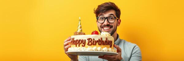 Celebrating a joyful birthday with a bright yellow backdrop and a delicious cake in hand photo