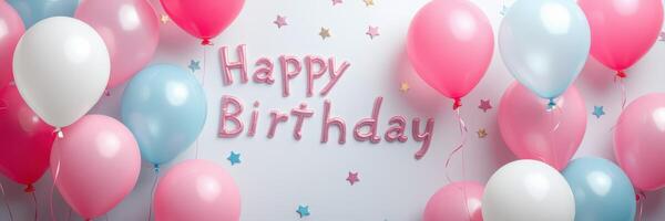 Colorful birthday decorations with balloons and playful elements create a festive atmosphere for celebration photo