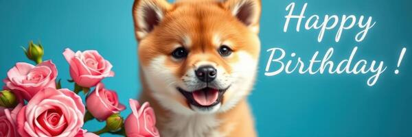Cute shiba inu puppy celebrating a birthday with pink roses on a bright blue background photo