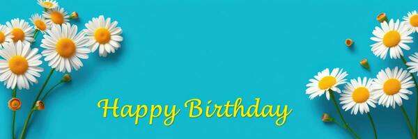 Vibrant birthday greeting featuring cheerful daisies on a bright turquoise background photo