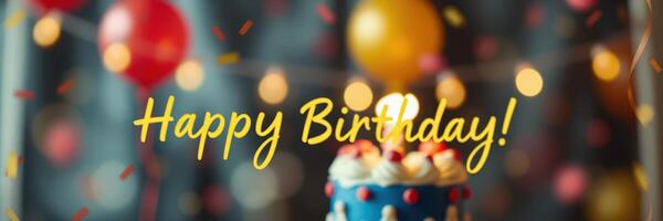 Colorful birthday celebration featuring a decorated cake and festive decorations in a cheerful atmosphere photo