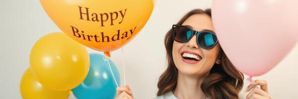 Celebrating a joyful birthday with colorful balloons and laughter in a cheerful setting photo