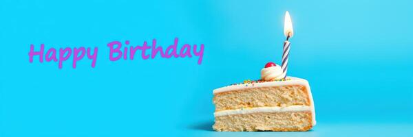 Birthday cake with a candle and cheerful greeting on a bright background photo