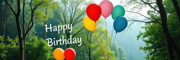 Colorful balloons float in a serene forest celebrating a joyful birthday in nature's embrace photo