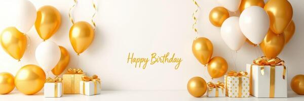 Gold and white birthday decorations with balloons and gifts set up for a festive celebration photo