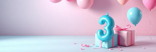 Celebrating a colorful birthday party with blue and pink decorations for a three-year-old photo