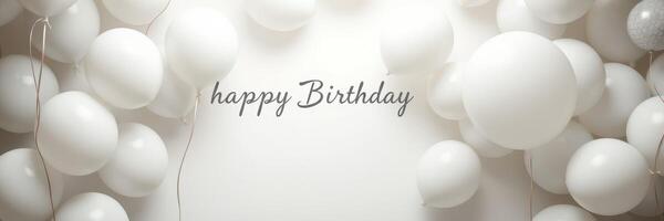 Celebration backdrop featuring white balloons and a happy birthday greeting in an elegant design photo