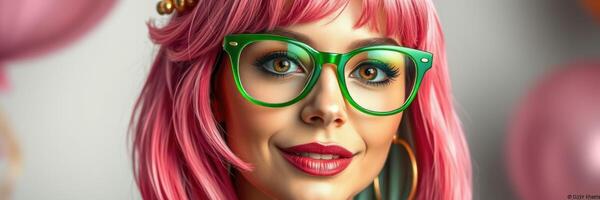 Woman with pink hair and green glasses poses cheerfully among pastel balloons at a celebration event photo
