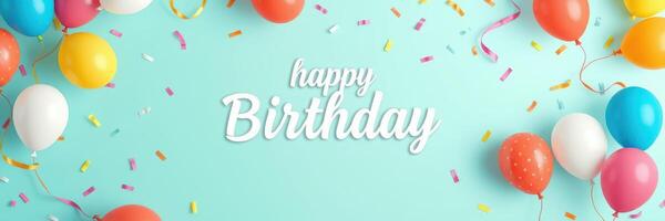 Colorful balloons and confetti celebrate a joyful birthday party on a bright blue background photo