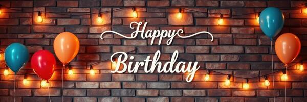 Colorful birthday decorations with balloons and lights set against a rustic brick wall create a festive atmosphere for celebrations photo
