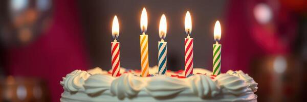 Celebration with colorful candles on a delicious birthday cake at a festive gathering photo