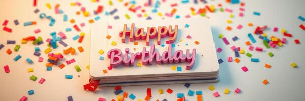 Colorful birthday greeting card surrounded by confetti on a festive table photo