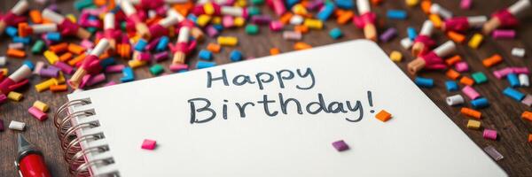 Creative birthday celebration setup with colorful decorations and handwritten message photo
