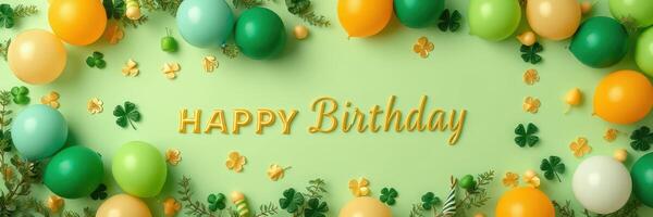 Celebrate a joyful birthday with colorful balloons and festive decorations on a green background photo
