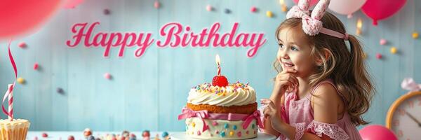 Child enjoying a birthday celebration with a decorated cake and festive decorations photo