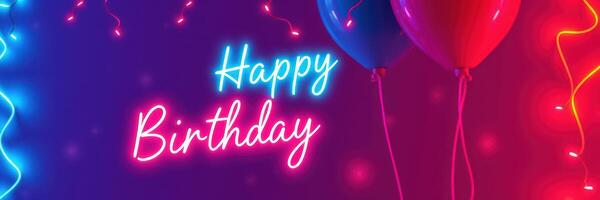 Bright neon birthday celebration with festive balloons and colorful lights for a joyful occasion photo