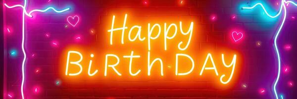 Bright neon birthday sign illuminating a festive atmosphere with colorful decorations and lights photo