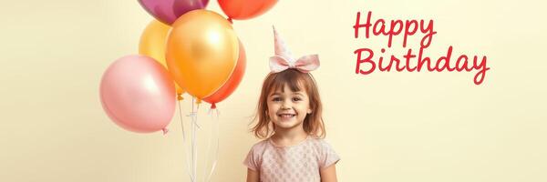 Happy birthday celebration with a joyful child surrounded by colorful balloons in a cheerful setting photo