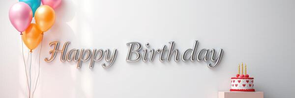 Decorative birthday setup with balloons and cake celebrating a joyful occasion in a festive atmosphere photo