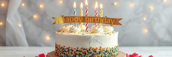 Celebrate with a colorful birthday cake featuring candles and a festive banner at a joyful gathering photo