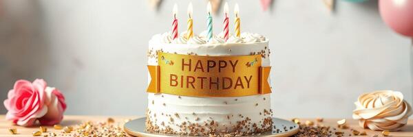 Birthday cake decorated with candles and flowers at a festive celebration gathering photo