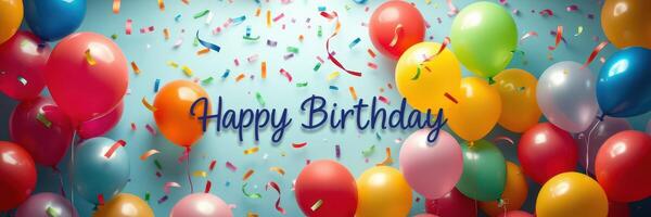 Colorful birthday celebration with balloons and confetti creating a joyful atmosphere photo