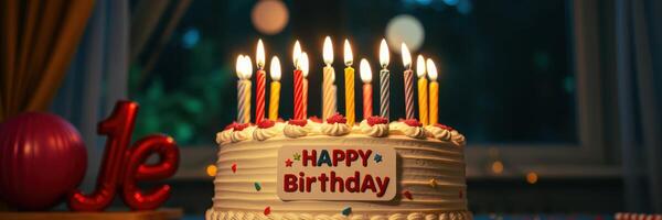Festive birthday cake with candles glowing in a cozy indoor setting celebrating a joyful occasion photo