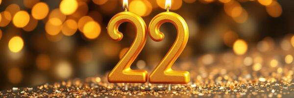 Golden candles display the number 22, symbolizing celebration and joy in a festive setting photo