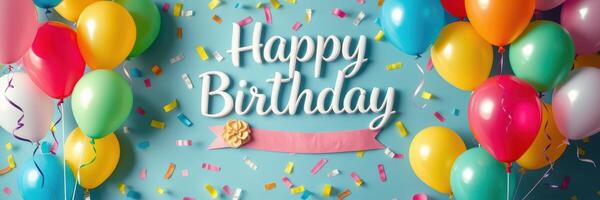 Brightly colored balloons and festive decorations celebrate a joyful birthday party with cheerful vibes and confetti photo