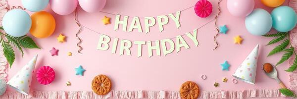 Colorful birthday celebration setup with balloons, decorations, and treats on a pink background photo