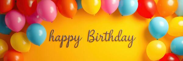 Colorful balloons frame a cheerful birthday greeting on a vibrant yellow background photo