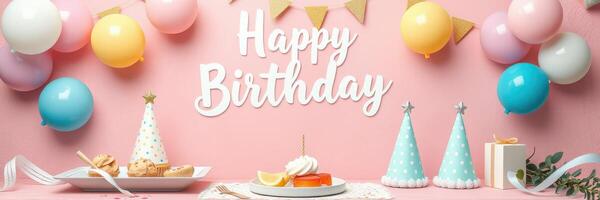 Colorful birthday celebration setup with decorations, cake, and cookies on a pink background for a memorable party photo