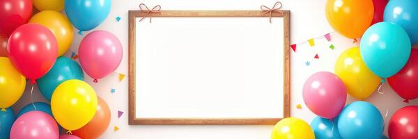 Colorful balloons frame a blank canvas for a festive celebration decoration setup ready for any occasion photo