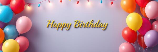 Brightly colored balloons and string lights create a festive atmosphere for a birthday celebration photo