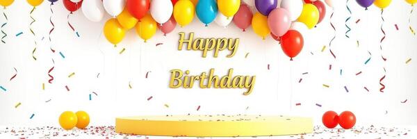 Colorful birthday celebration backdrop featuring balloons and confetti with happy birthday message photo