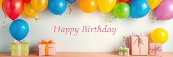 Brightly colored balloons and gifts create a festive atmosphere for a birthday celebration in a cheerful indoor setting photo