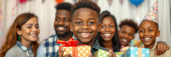 Children celebrate with gifts at a joyful birthday party during a colorful indoor gathering photo