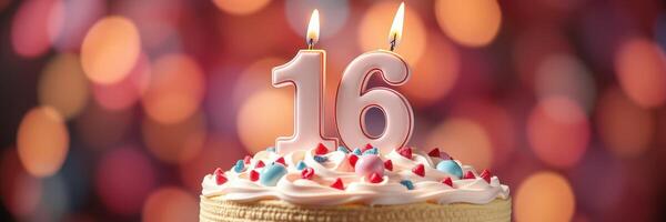 Celebration with a beautiful cake featuring candles marking the 16th birthday amidst a festive backdrop of colorful lights photo