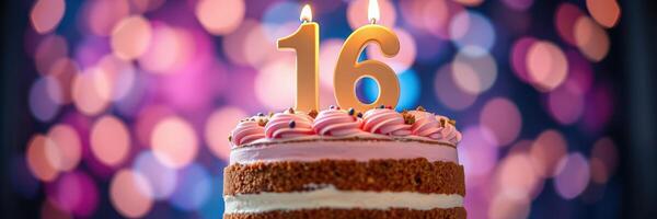 Sweet sixteen birthday cake with candles and colorful bokeh lights in the background celebrating a special milestone photo