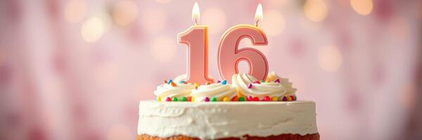Celebrating a 16th birthday with a decorated cake and colorful candles in a festive setting photo